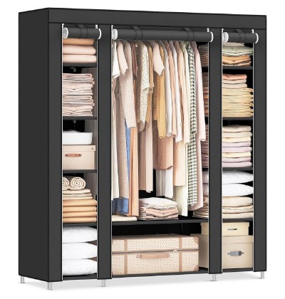 Songmics Φορητή Υφασμάτινη Ντουλάπα με Μεταλλικό Σκελετό 175 x 150 x 45 cm Χρώματος Μαύρο - Ασημί (LSF03H) (SNGLSF03H)