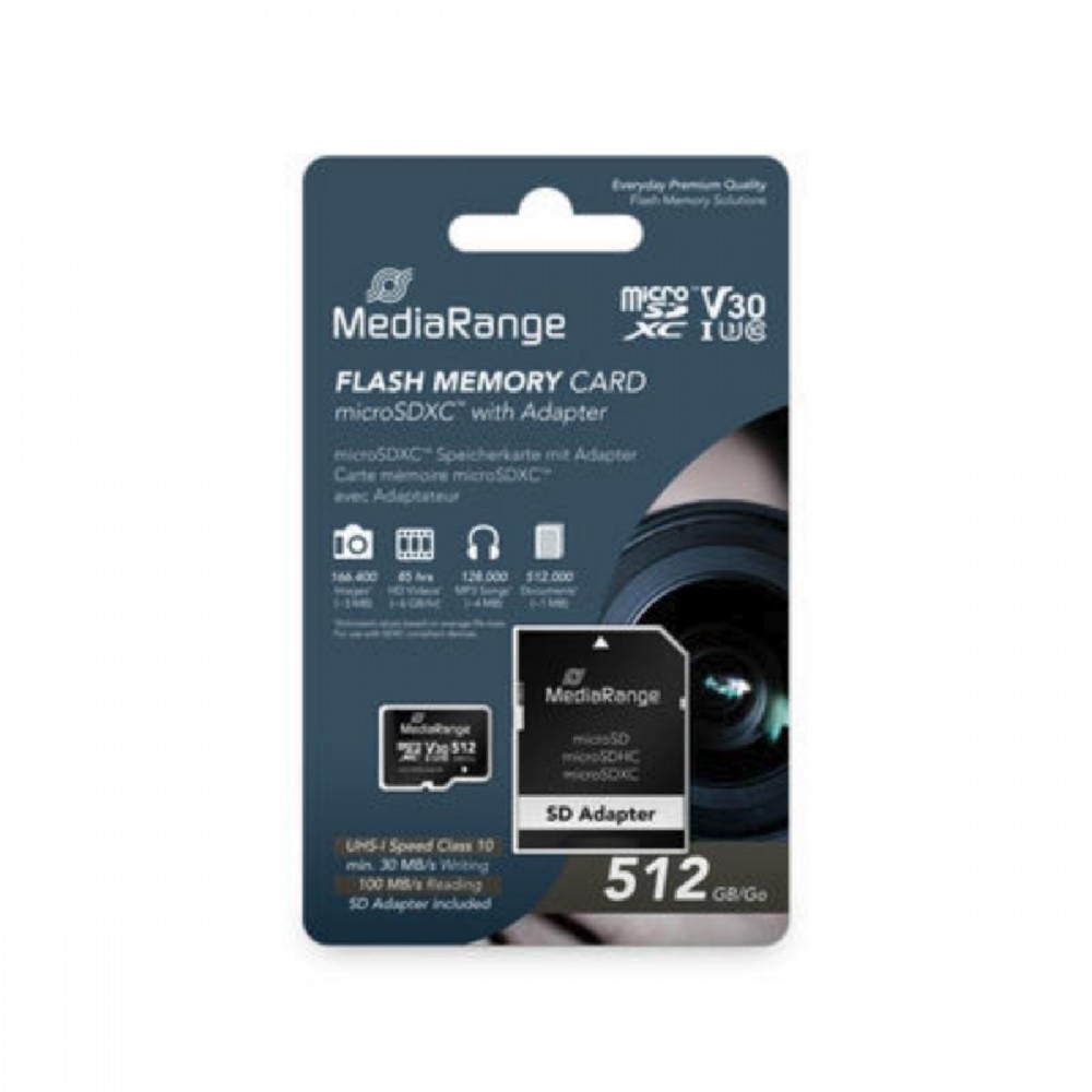 MediaRange microSDXC memory card, UHS-1 | Class 10, with SD adapter, 512GB (MR947) MediaRange microSDXC memory card, UHS-1 | Class 10, with SD adapter, 512GB (MR947)