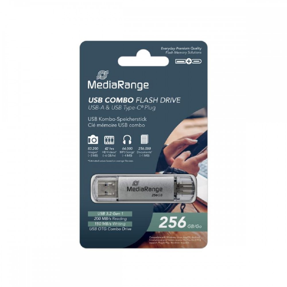 MediaRange USB 3.2 Gen 1 Combo Flash Memory Drive with USB-A and USB-C®, with Protective Caps, Silver, 256GB (MR939-1)
