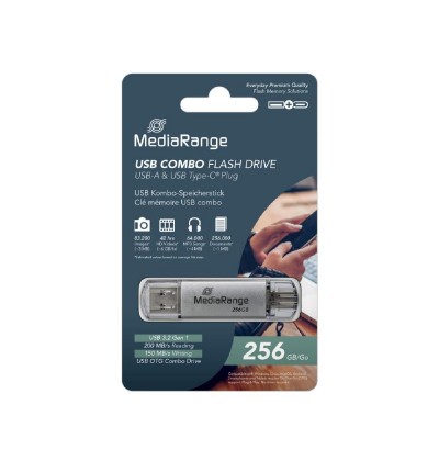 MediaRange USB 3.2 Gen 1 Combo Flash Memory Drive with USB-A and USB-C®, with Protective Caps, Silver, 256GB (MR939-1) MediaRange USB 3.2 Gen 1 Combo Flash Memory Drive with USB-A and USB-C®, with Protective Caps, Silver, 256GB (MR939-1)