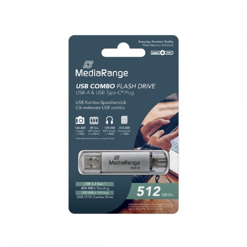 MediaRange USB 3.2 Gen 1 Combo Flash Memory Drive with USB-A and USB-C®, with Protective Caps, Silver, 512GB (MR940-1) MediaRange USB 3.2 Gen 1 Combo Flash Memory Drive with USB-A and USB-C®, with Protective Caps, Silver, 512GB (MR940-1)