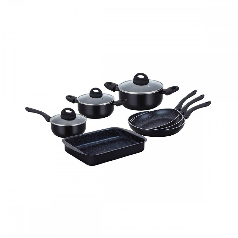 Herzberg Cookware Set of Aluminum with Stone Coating Black 10pcs (9016BLK) (HEZ9016BLK)