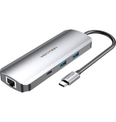 VENTION Multi-function USB-C to HDMI/USB-C Gen 1/USB3.0x2/RJ45/SD/TF/TRRS 3.5mm/PD Docking Station 0.15M Gray Aluminum Alloy Type (TOMHB) (VENTOMHB)