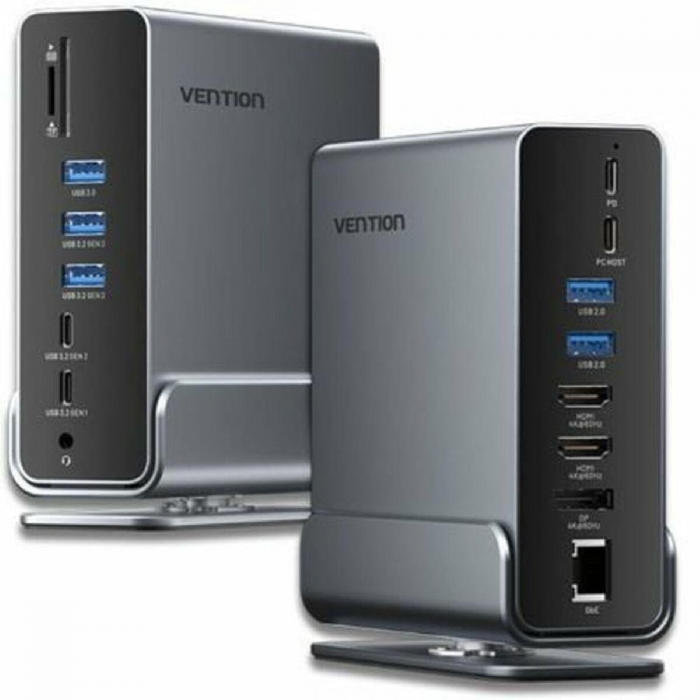 VENTION USB-C to DP/HDMI x 2/USB 3.2 Gen 2 Type-C/USB 3.2 Gen 2 Type-A x 2/USB 3.2 Gen 1 Type-C/USB 3.0/USB 2.0 x 2/RJ45/SD/TF/3.5mm TRRS/PD MST Docking Station Gray Vertical Aluminum Alloy Type (TPUH0) (VENTPUH0)