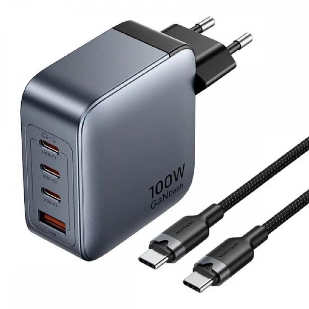 VENTION 4-Port USB (C + C + C + A) GaN Charger (100W/100W/30W/30W) Gray with USB-C to USB-C Cable (1M) Black EU-Plug (TZ-FETH0-EU) (VENTZ-FETH0-EU)