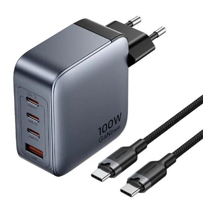 VENTION 4-Port USB (C + C + C + A) GaN Charger (100W/100W/30W/30W) Gray with USB-C to USB-C Cable (1M) Black EU-Plug (TZ-FETH0-EU) (VENTZ-FETH0-EU)