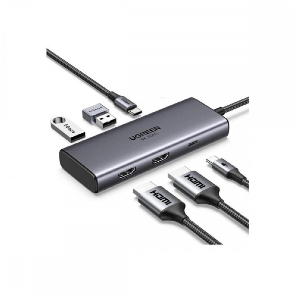 Ugreen Adapter 6w1 CM498 Hub USB do 2x USB-A 3.0 USB-C 3.0 2xHDMI PD (15852) (UGR15852)