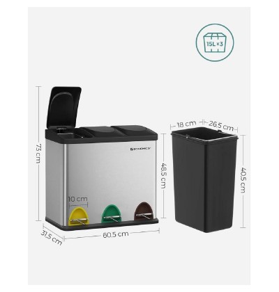 Songmics Μεταλλικός Τριπλός Κάδος Απορριμμάτων από Ανοξείδωτο Ατσάλι με 3 Πεντάλ 45 Lt  (LTB45L) (SNGLTB45L)