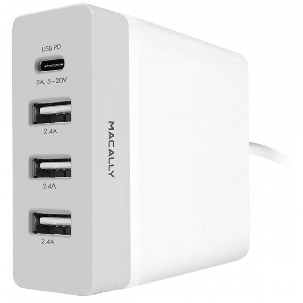 WALL CHARGER MACALLY 72W 1xUSB-C 20V/3A 15V/3A 12V/3A 9V/3A 5V/3A 3xUSB-A 5V/2.4A - Refurbished
