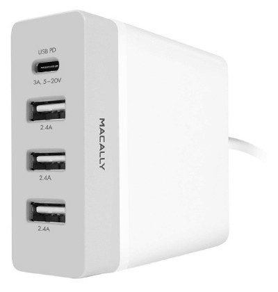 WALL CHARGER MACALLY 72W 1xUSB-C 20V/3A 15V/3A 12V/3A 9V/3A 5V/3A 3xUSB-A 5V/2.4A - Refurbished